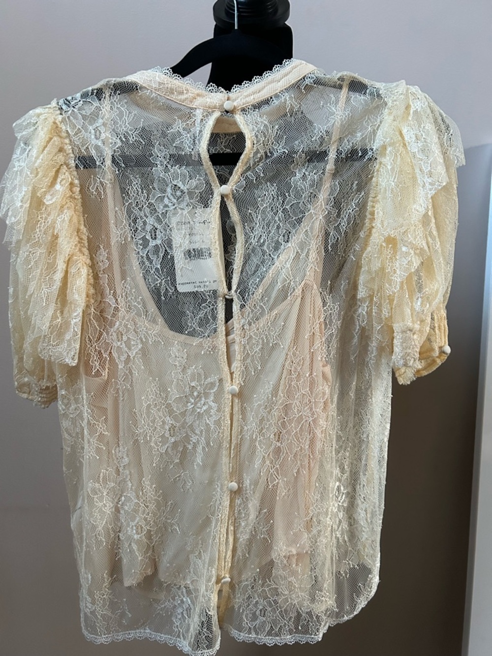 Free People Sheer Ivory Lace Puff Sleeve Blouse - Picture 3 of 3